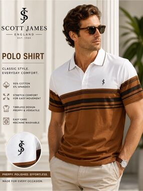 Scott James England Polo Shirt Men’s Large Brown White Striped Stretch Cotton